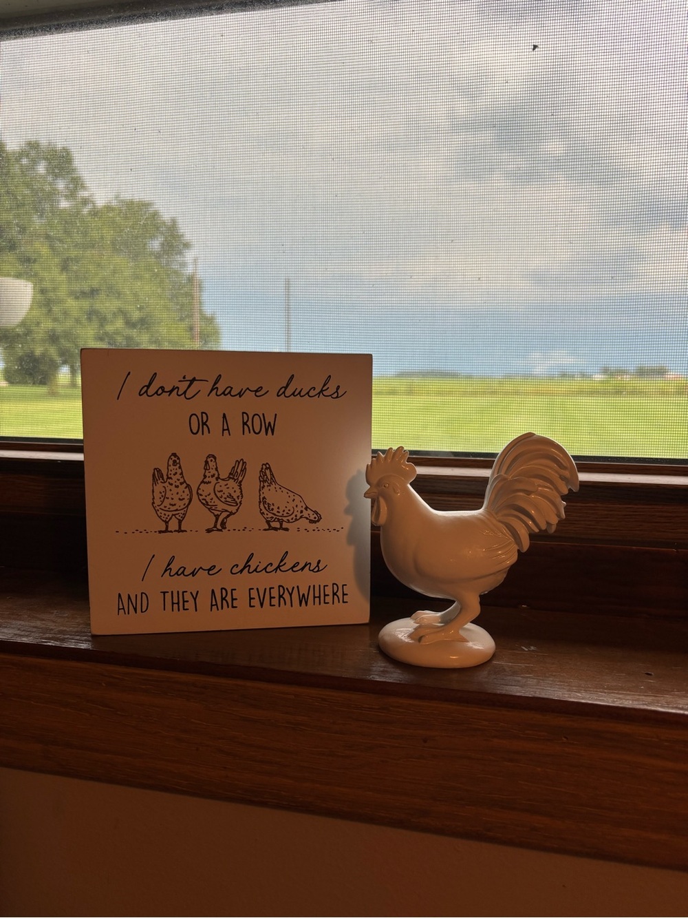 Hobby Lobby White Ceramic Rooster Figurine with Farmhouse Sign